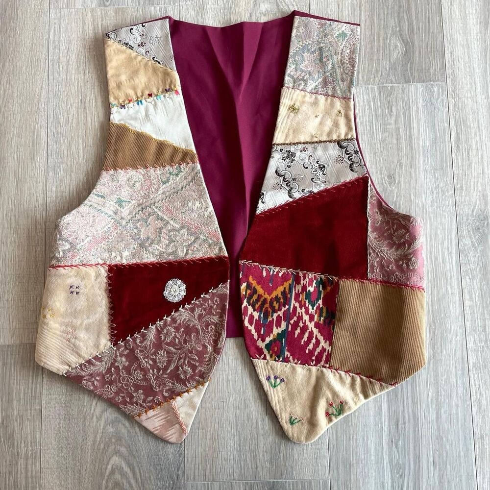 Vintage One of A Kind Multicolored Boho Patchwork Vest Granny Festival Indie
